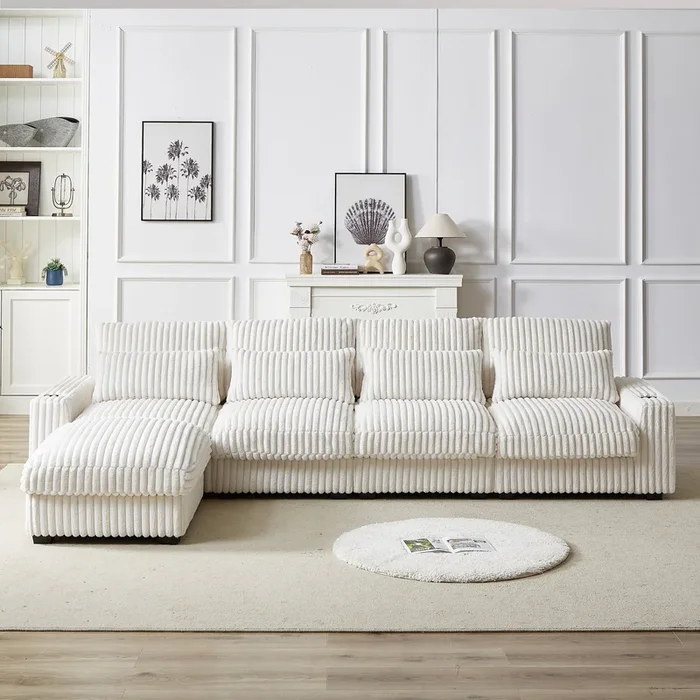 128 Inch Corduroy With Cup Holder Super Large L Shaped Sofa, Movable Footrest, Four Waist Pillows And Four Back Cushion, With Usb Port And T Pyce Port Beige Corduroy 3 Seat